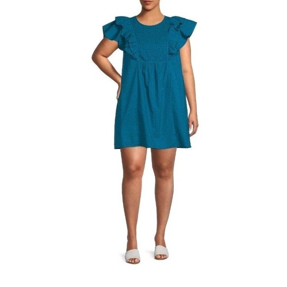 Terra & Sky Women’s Plus Size 4X (28W-30W) Eyelet Babydoll Dress Galapagos Blue - Picture 1 of 9